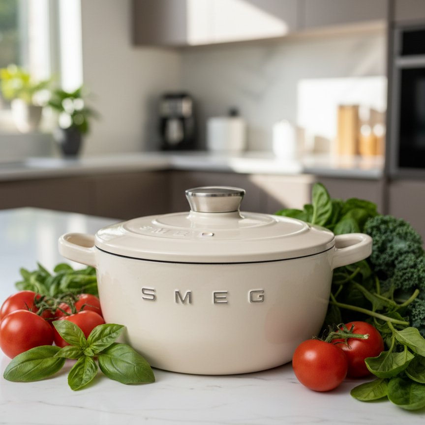 Cocotte SMEG avec logo visible et végétaux
