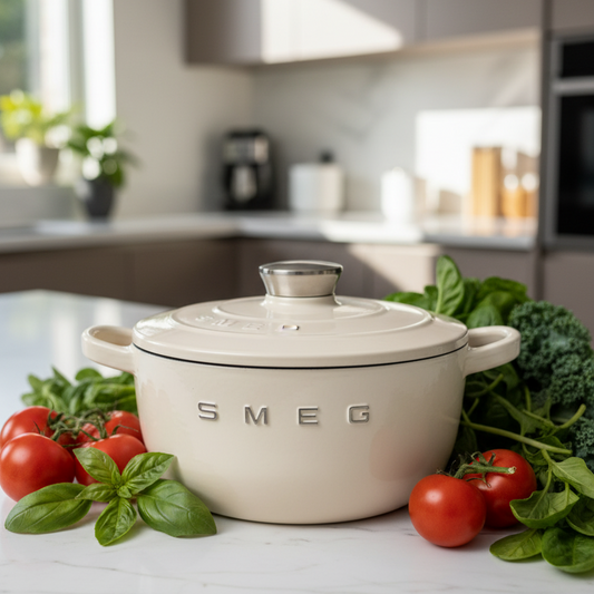 Cocotte SMEG avec logo visible et végétaux